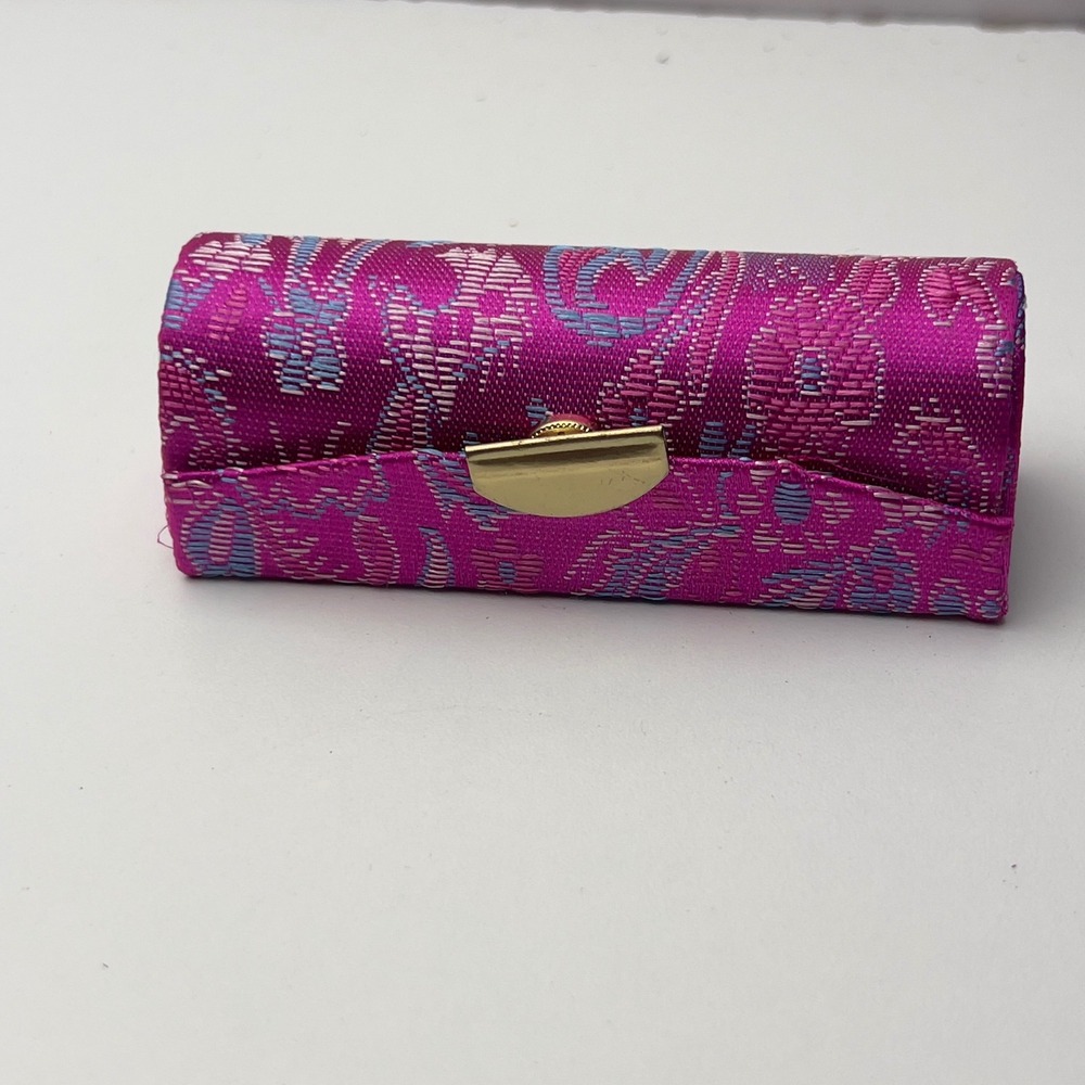 Vintage Fuchsia Pink Brocade Lipstick Case with Interior Mirror Gold Tone Snap